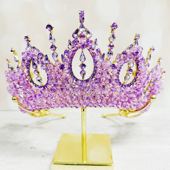 Gold Princess Crown, Prom headpiece, Bridal tiara, Purple Crystal wedding crown main image 4